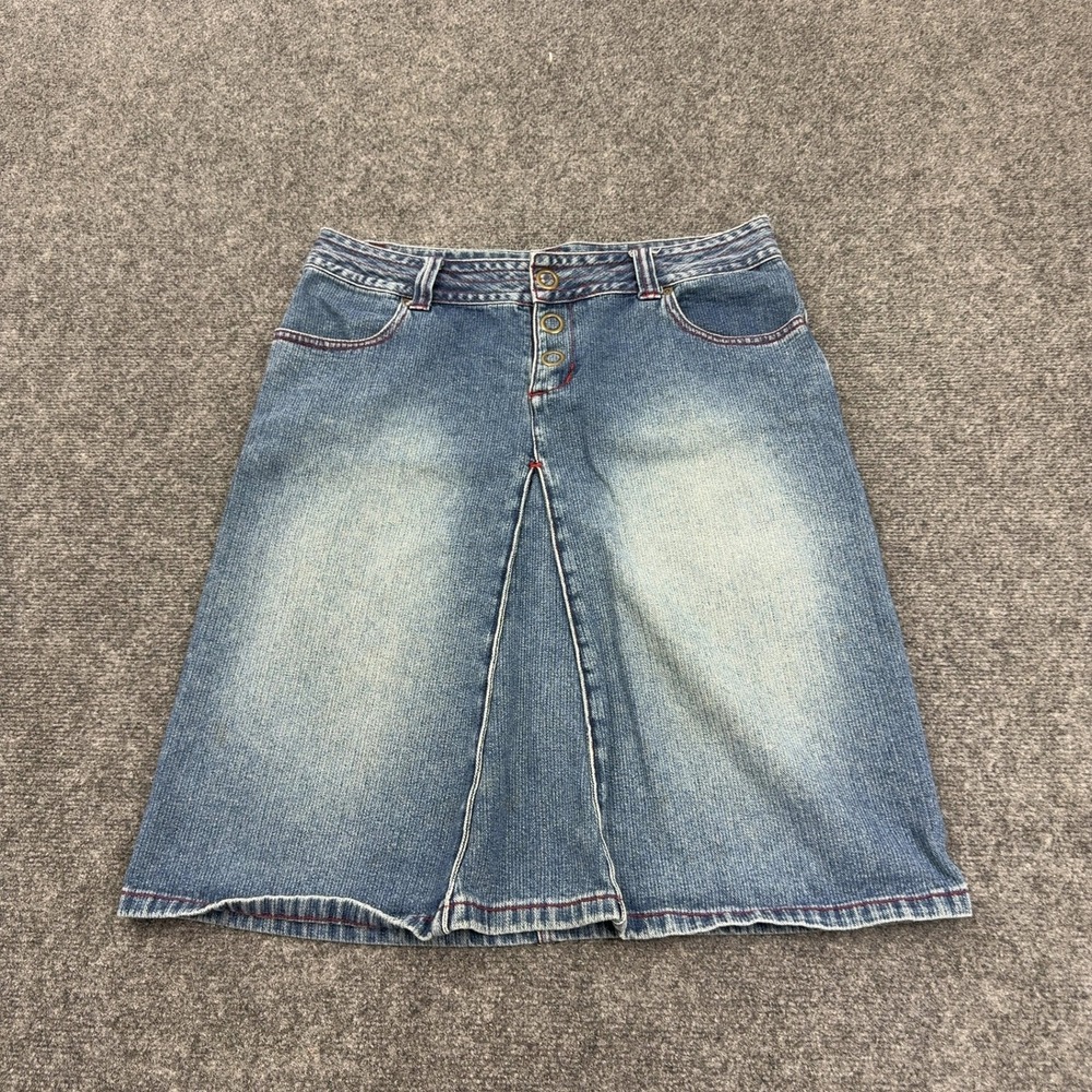 Vintage Wish Denim Skirt Womens 11M Blue Cotton Button Fly Contrast Stitch Y2K